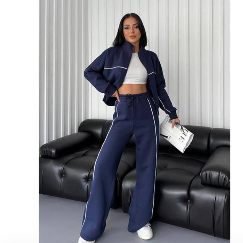 Women's 2-Piece Casual Sports Suit: Long-Sleeve Half-Turtleneck Cardigan Sweater + Lace-Up Striped Pants