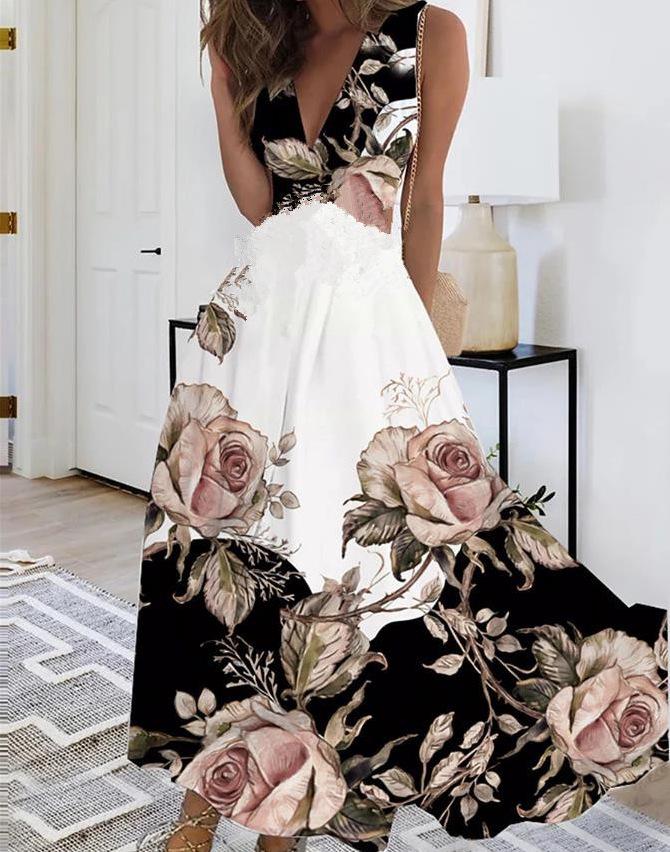 2023 Women's Summer V-Neck High Waist Sleeveless Printed Dress