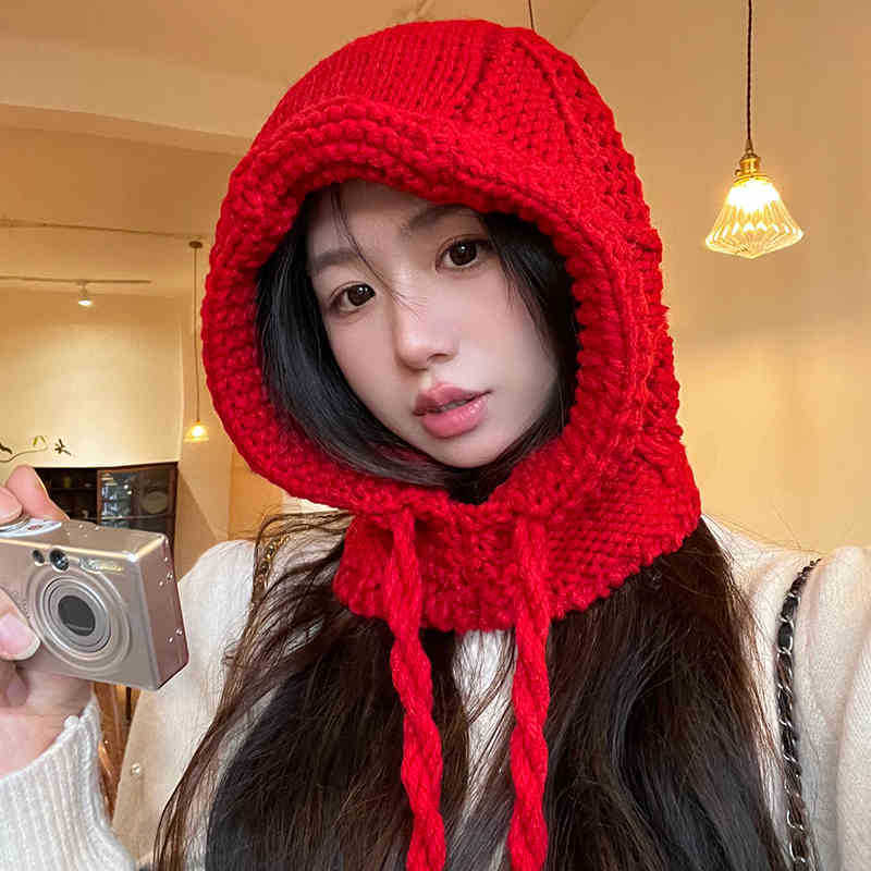 

Большая красная балаклава Женская вязаная зимняя теплая шерстяная шапка с завязками one size