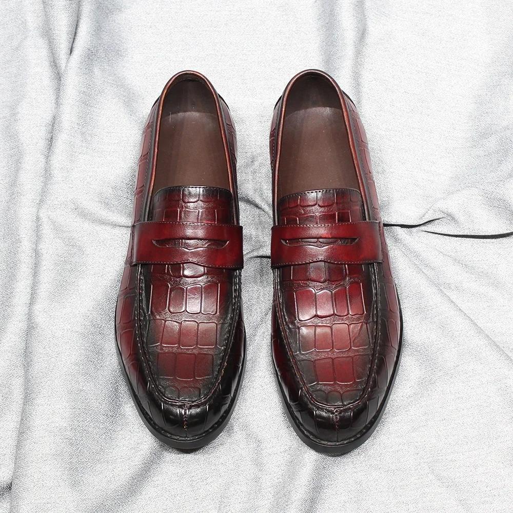 Fashion Men's Genuine Leather Penny Loafers with Handmade Alligator Pattern Slip-On Dress Shoes for Wedding Party Office Casual Loafer
