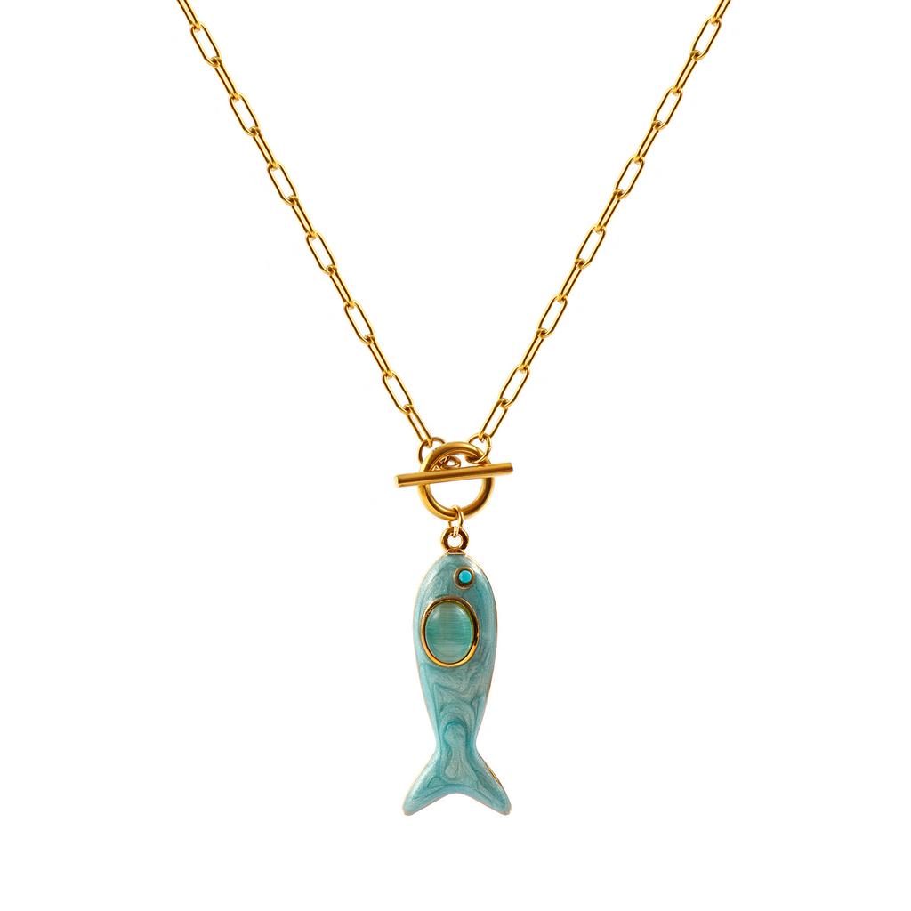 Fisch Emaille Blaue Strasssteine Anhänger Charm Halskette 18K Gold Beschichtet 304 Edelstahl Paperclip Glieder Kette Ozean 45cm(17.7 ")lange