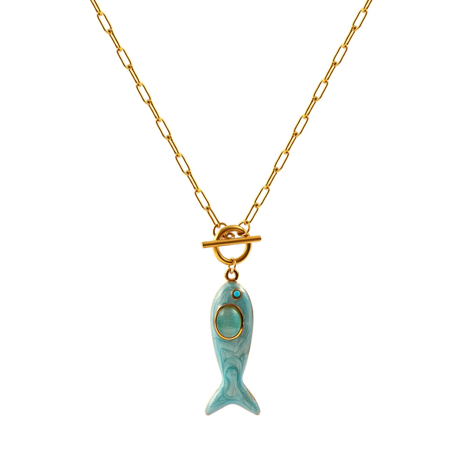 

Fish Enamel Blue Rhinestone Pendant Charm Necklace 18KGold Plated 304 Stainless Steel Paperclip Link Chain Ocean 45cm(17.7 )long синій