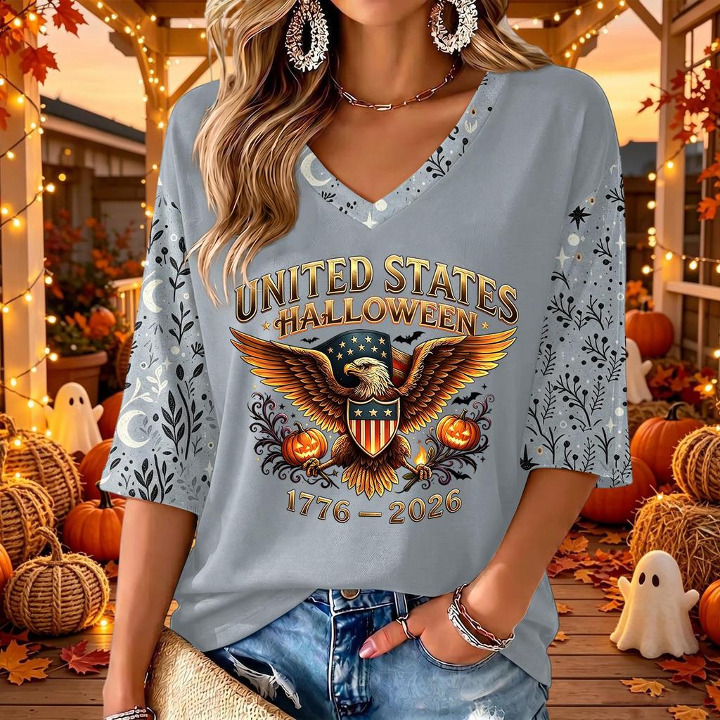 Women's Casual Halloween Printed V-Neck Three-Quarter Sleeve Top