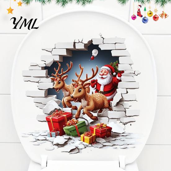Funny Gift for Christmas Santa Claus Toilet Sticker, Elk And Box Print, 3D Removable Seat Stickers Wall Decal, Waterproof PVC Sticker Bathroom Festive