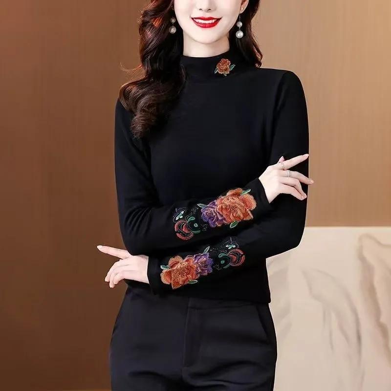 Čínská retro výšivka Dámská spodní jarní, podzimní a zimní polozvýšený límec Strečová vnitřní Slim-fit halenka