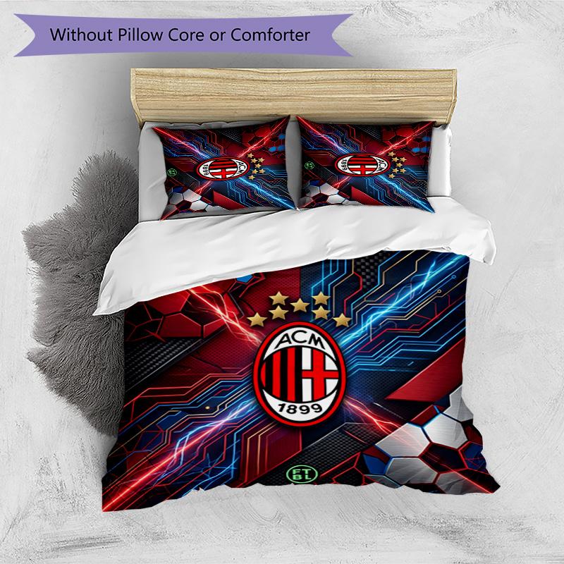 Ensemble de literie 3 pièces imprimé motif AC Milan Housse de couette et taies d'oreiller douces, respectueuses de la peau, lavables Ensemble toutes saisons Chambre à coucher