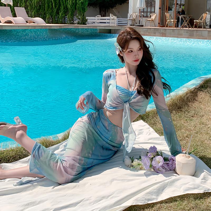 

2025 Женские купальники высокого класса: Элегантное длинное платье с разрезом и набор из четырех предметов: бикини XL [55-60 kg] синий