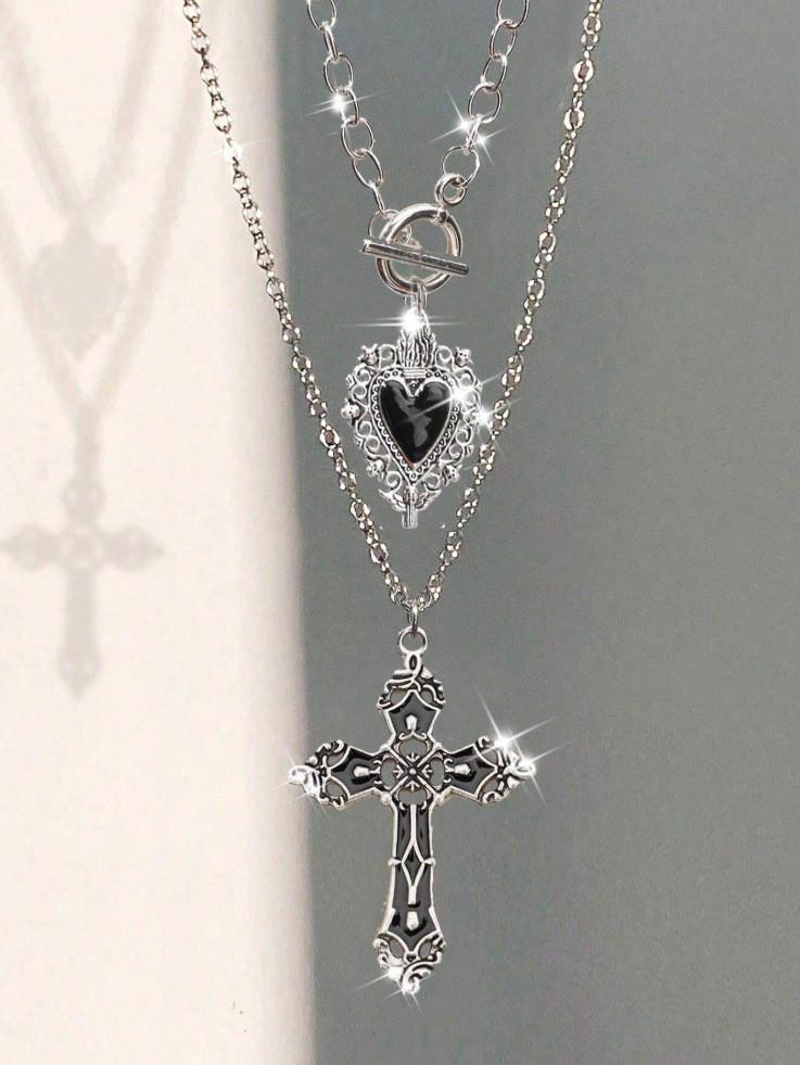 Gothic Heartshaped Cross Pendant Necklace Set With Alloy Geometric Design For Men Women