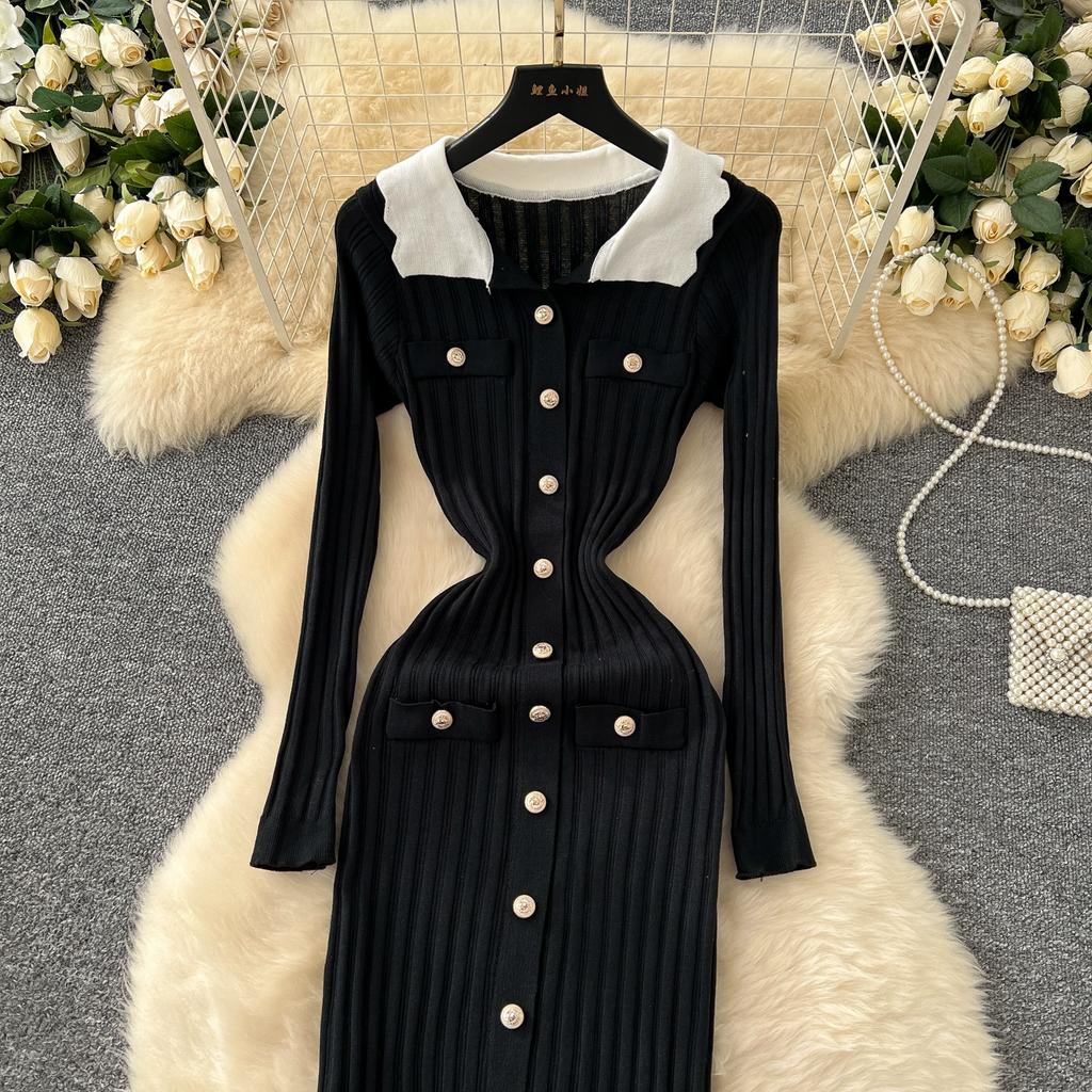 Autumn Winter Women Elegant Turn-down Collar Full Sleeve Knitted Sweater Long Maxi Sheath Dresses
