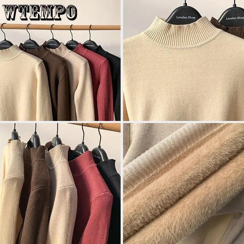 WTEMPO Vintage Turtleneck Winter Sweaters New Casual Knitted Pullover Fashion Fleece Lined Thick Warm Knitwear Women Velvet Tops