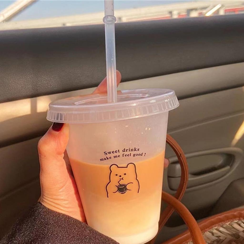 1pc milk tea cup frosted transparent PP cartoon plastic straw cup single-layer transparent plastic coffee straw cup