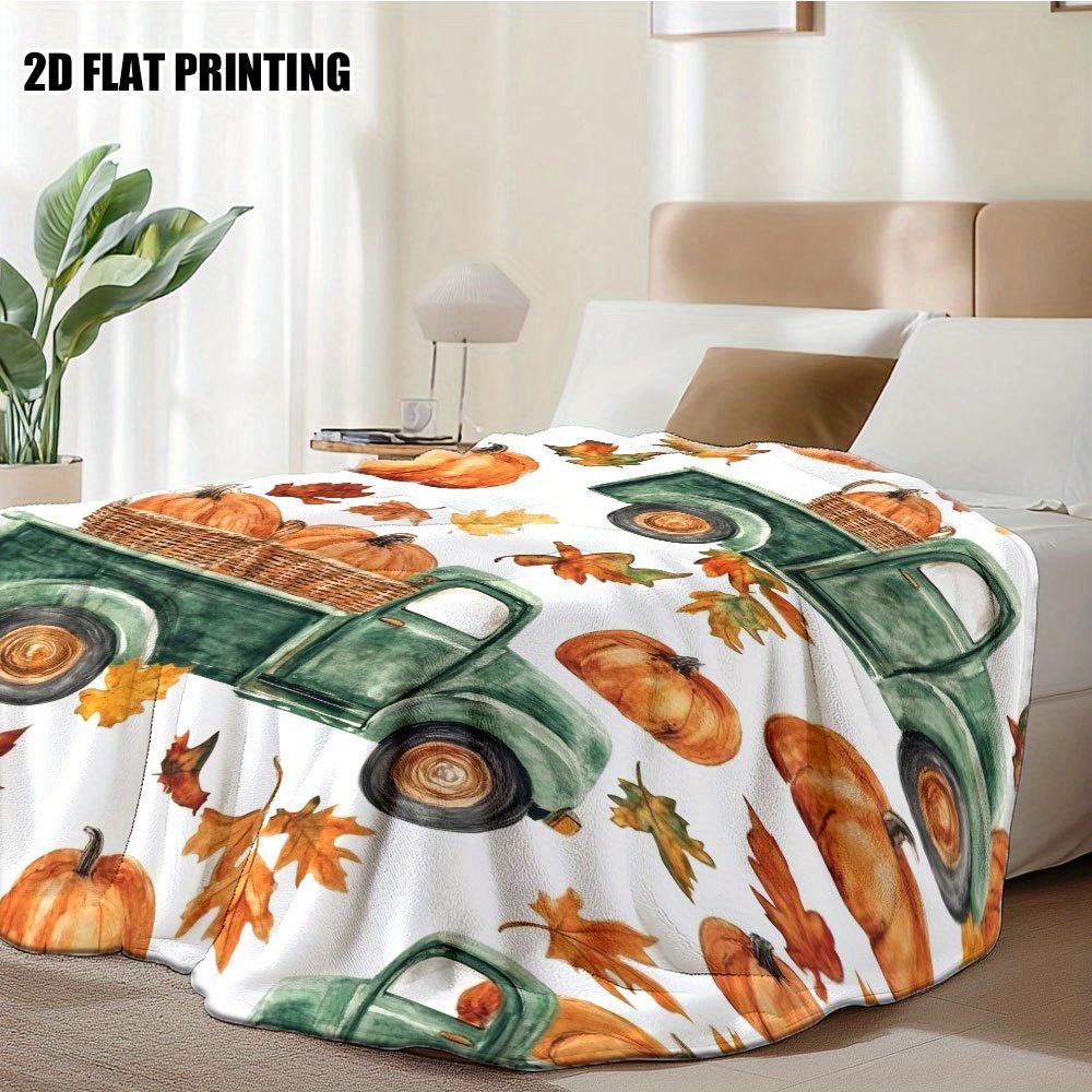 1pc Thanksgiving Pumpkin Truck Printed Flannel Blanket - Autumn Harvest Design with Pumpkins & Fall Leaves, Soft Light Beige