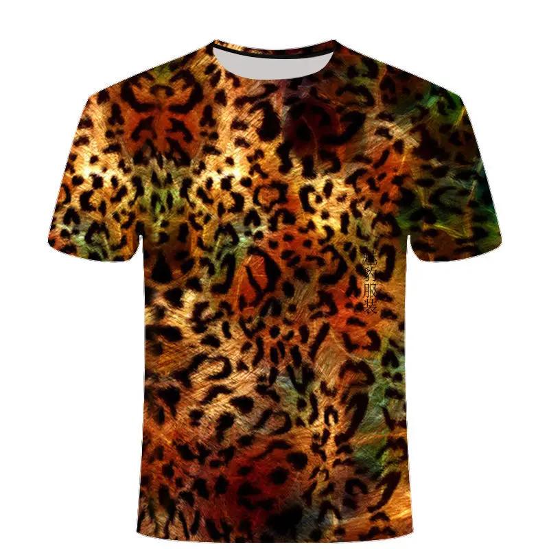Leopard Printing T-shirt Contrasting Stripes Fleck O-neck T Shirt For Men And Women's Summer Fashion Comfortable Top