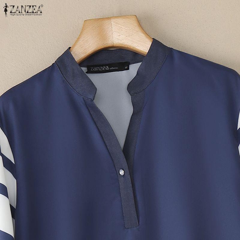 ZANZEA Damen Lässige V-Ausschnitt Streifen Patchwork 3/4 Ärmel Bluse