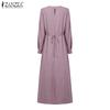 ZANZEA Women Holiday Casual Round Neck Loose Long Sleeve Dress