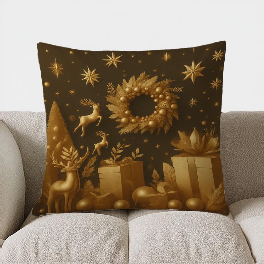 Home Decor Golden Christmas: Deer, Tree & Gift Cushion Pattern Cushion Cover Suitable For Sofa Bedroom Car Pillow Cover