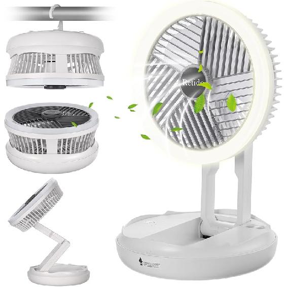 Rechargeable Portable Fan 7 inch USB Small Desk Fan Foldable with LED Light 4 Wind Speeds and Hook Quiet Personal Traveling Fan for Bedroom Office RV