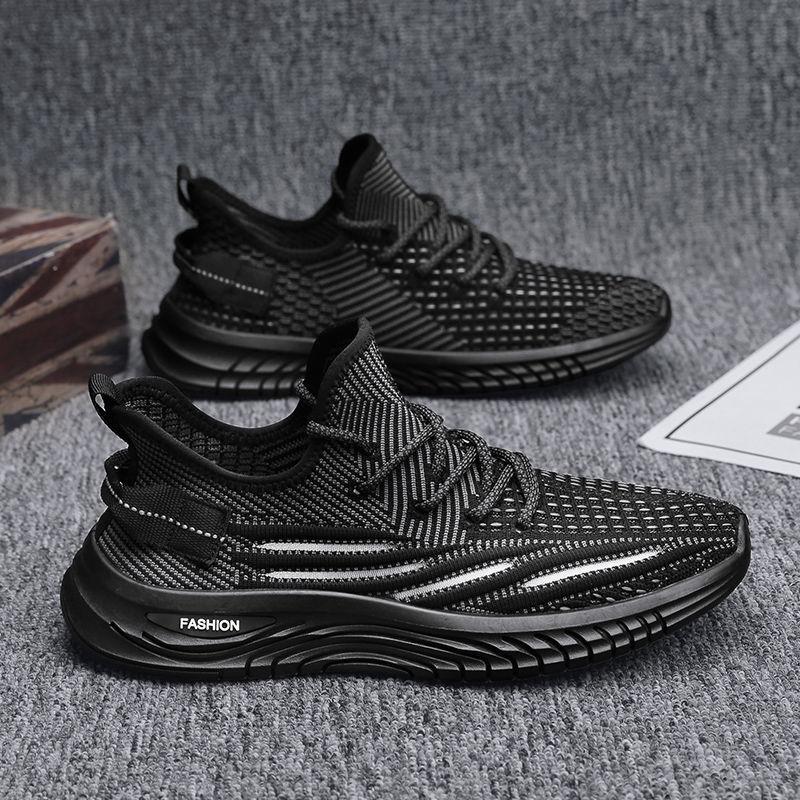 

2024 summer new sports shoes men s flying woven breathable mesh men s running shoes lightweight soft-soled casual shoes 45 чорний