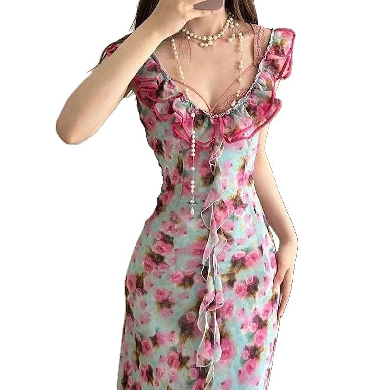 French ruffle leaf edge rose floral V-neck dress women's summer new high-end temperament slim and thin medium and long dress