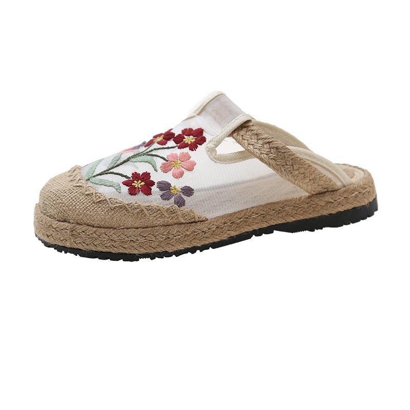 New Spring and Summer Cloth Shoes Bag Head Home Mesh Indoor and Outdoor Ethnic Style Flat Bottom Embroidered Flower Women's Cool Slippers