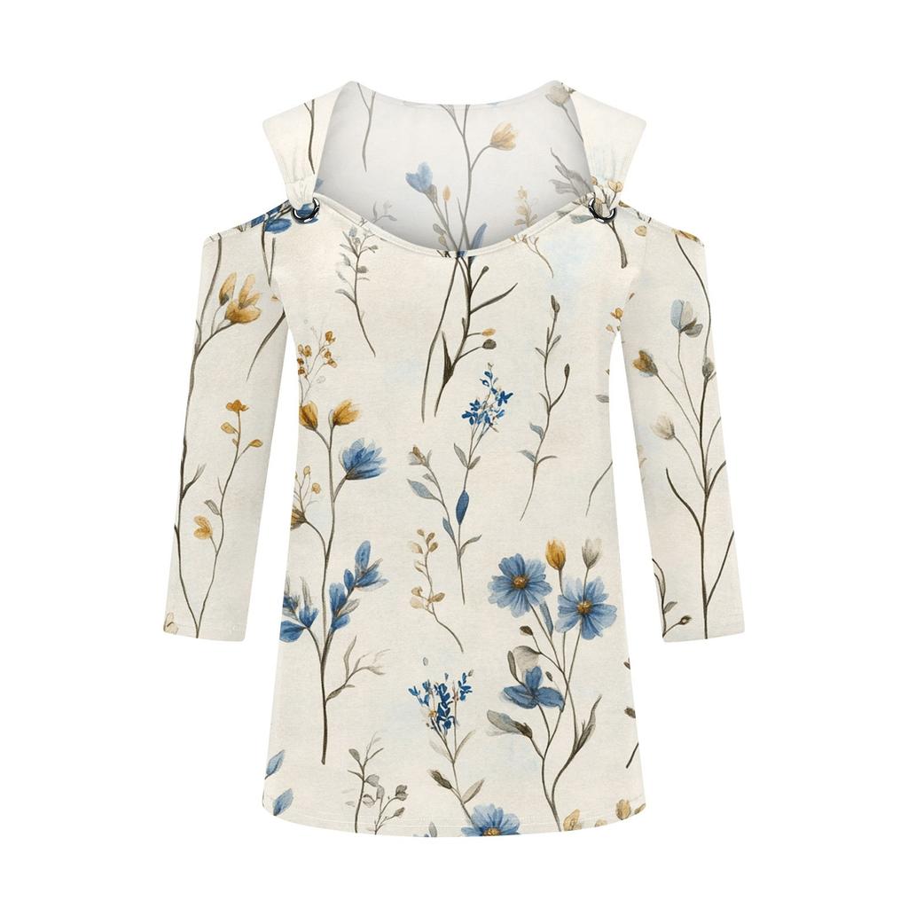 Women's Casual Shirt Blouse Print V-neck Sexy Cold Shoulder 3/4 Sleeve Top