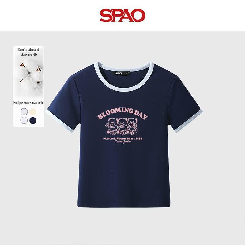 SPAO Korean-Style Color Block Bear Print Short Sleeve T-Shirt L