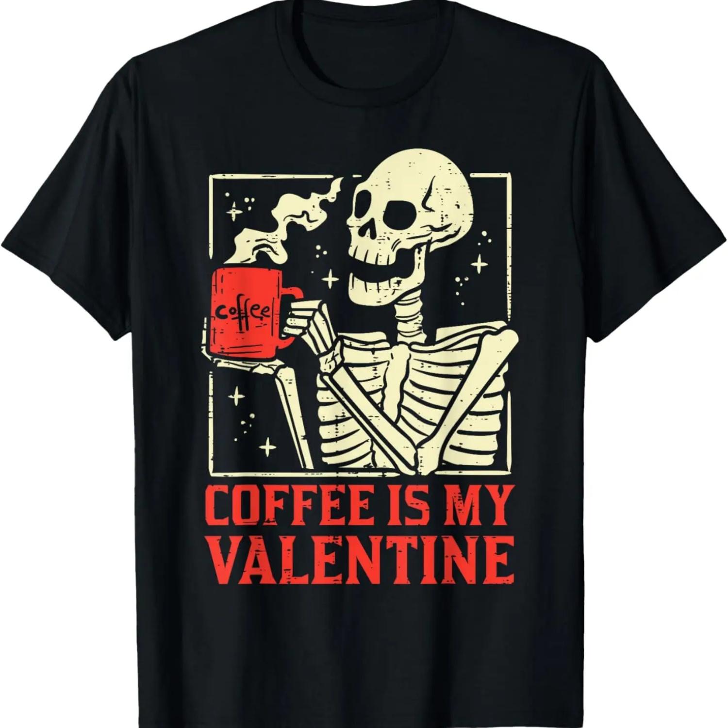 Skeleton Coffee Is My Valentine Funny Valentines Day Women T-Shirt S чёрный