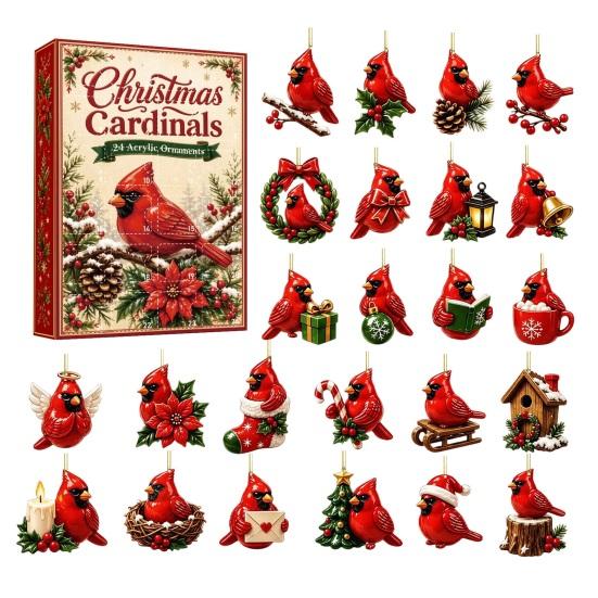 Advent Calendar for Kids Red Bird Calendar, 24-Day Christmas Countdown Set with Acrylic Ornament Collection Ornaments, 2D Tree Hanging Decor,
