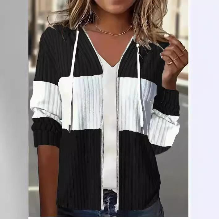 Women's Olive Green Ribbed Zip Hoodie, White Contrast Stripe, Drawstring Hood