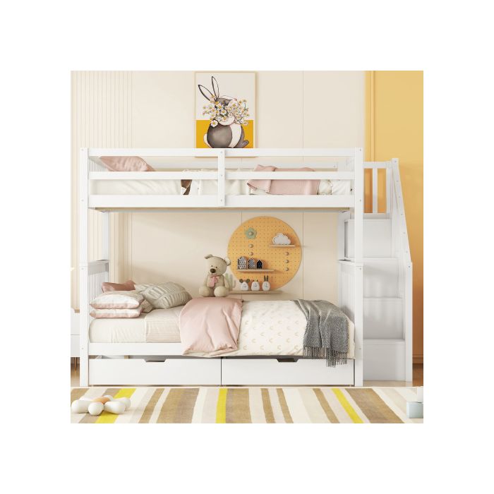 Lit superposé - MUVOE - 140x200cm - Blanc - Étagère d'escalier - 2 tiroirs