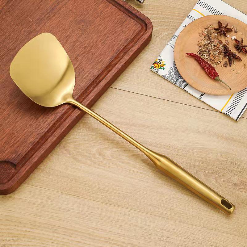 Gold-Plated 304 Stainless Steel Kitchen Utensil Set: Spoon, Spatula, Ladle, Skimmer, Wok Spatula, Rice Spoon, Slotted Spoon, Noodle Spoon