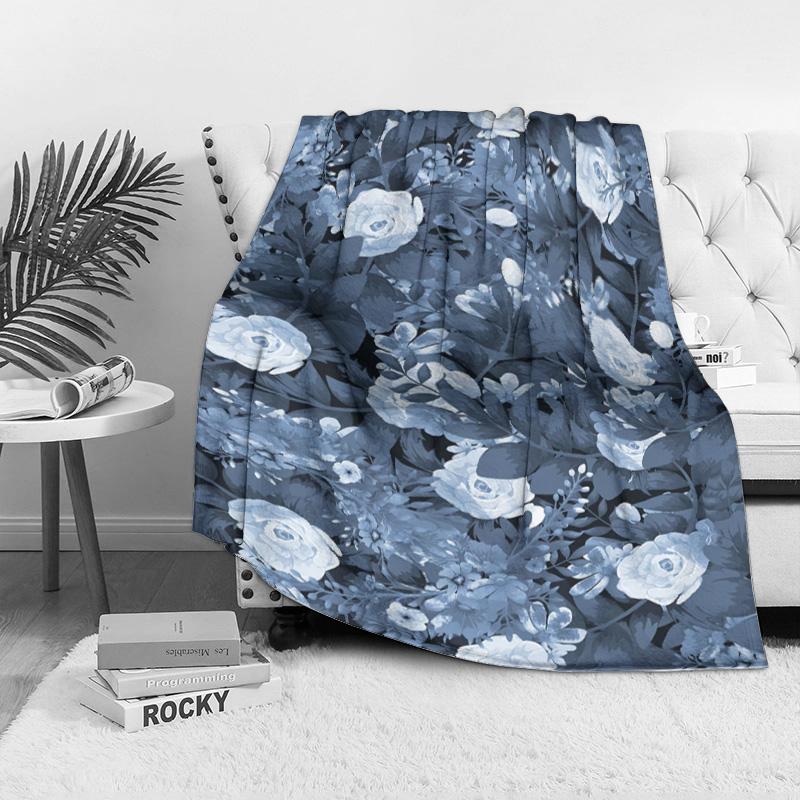 Dark Blue Floral Fleece Blanket Watercolor Rose Print Soft Warm Throw Blanket for Sofa Bed Couch Decoration