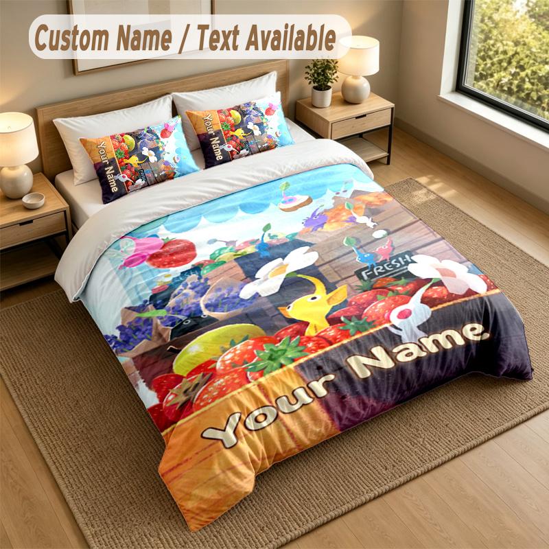 3Pcs Bedding Set Custom Name Text, 1 Sheet 2 Pillowcases Home Bed DecorPikmin