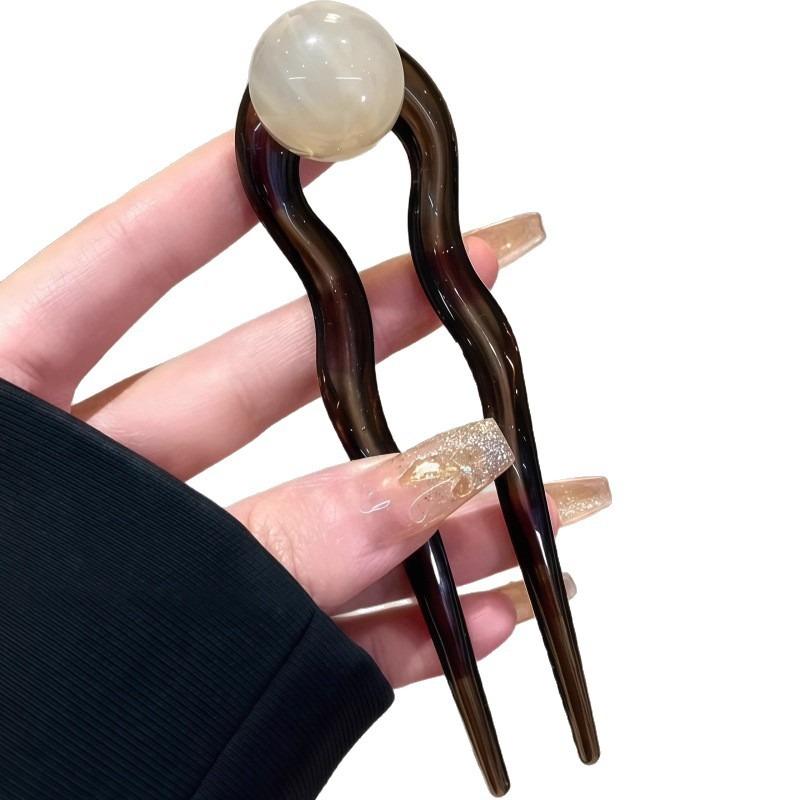 Fashion U-Shaped Hairpin Hair Fork Trendy Acrylic Bead Material Hair Clip for Women Girls Retro Jewelry Hair Accessories