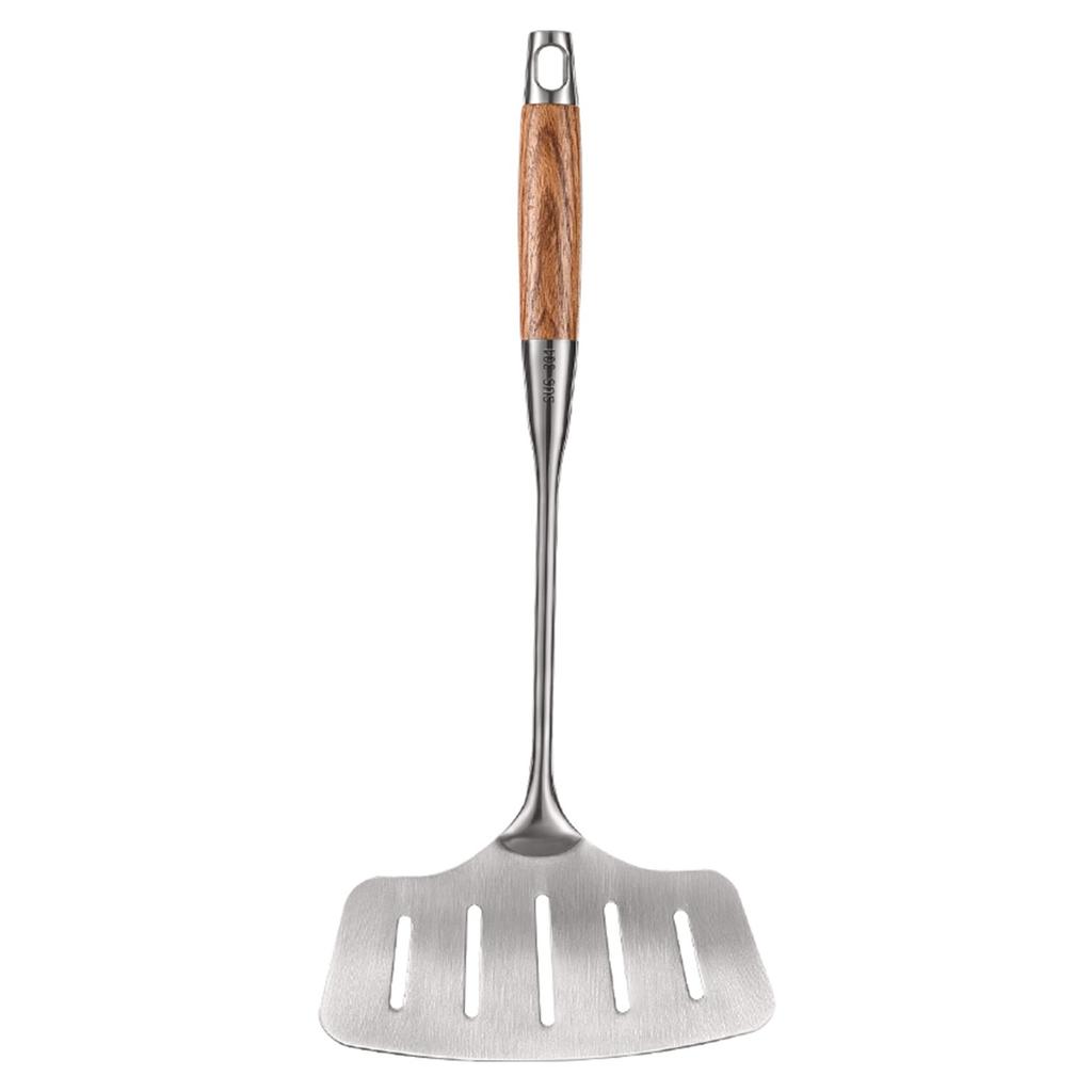 LFGB Certification 304 Stainless Steel Cooking Spatula Solid Wood Handle and Leakage Design Fish Turner Family Stiring Shovel