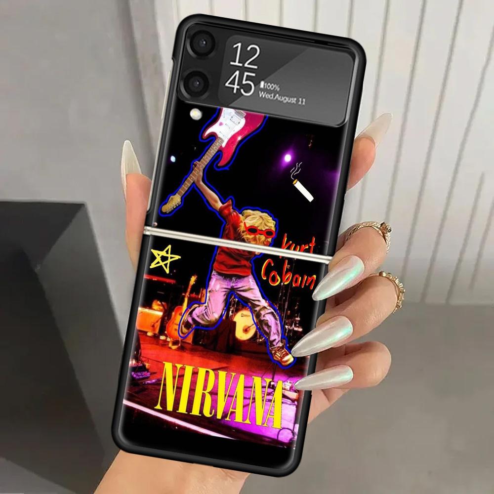 Retro Singer Kurt Cobain Hard PC Phone Case For Samsung Galaxy Z Flip 7 6 5 4 3 Black ZFlip7 ZFlip6 Flip5 Flip4 Flip3 5G Print C