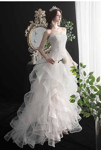 [Hosaku Co., Ltd.] Gorgeous Off-the-Shoulder A-Line Tiered Wedding Dress with Long Train, Elegant Princess Style, Lace-Up, Perfect for Concerts, Recit