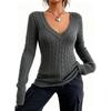 Women's Spring/Autumn Loose Fit V-Neck Cable Knit Sweater - American Style, Solid Color, Versatile Slimming Knitwear.