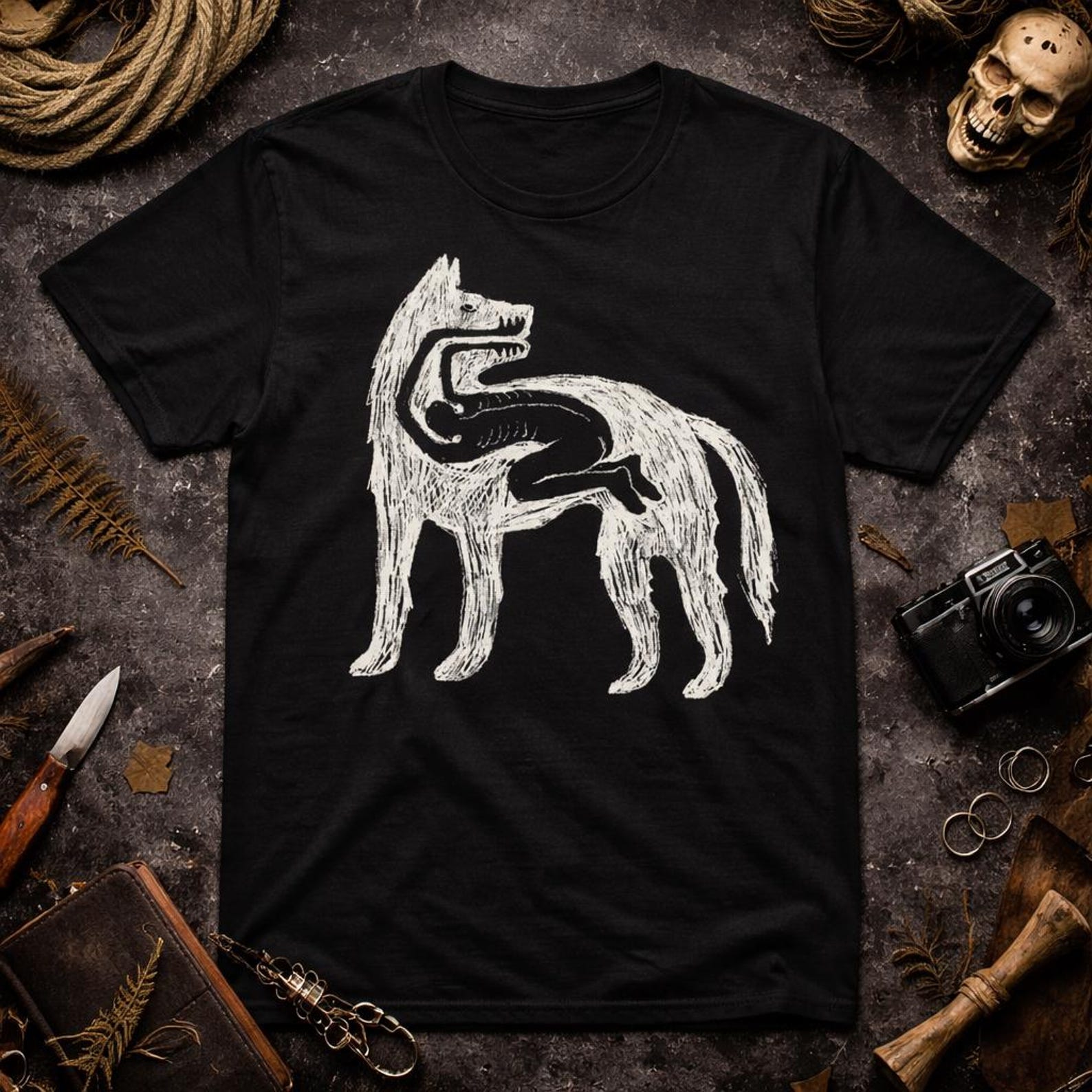 Tribal Wolf Illustration T-Shirt Y2k | Hand-Drawn Black & White Design Grunge M