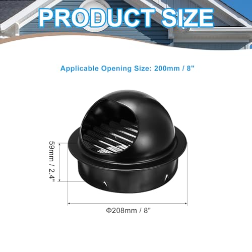 PATIKIL 200mm Round Louver with Mesh, 201 Stainless Steel Air Vent Cover, Natural Ventilation, Home Renovation, Bathroom, Kitchen, Wall-Mounted, Black
