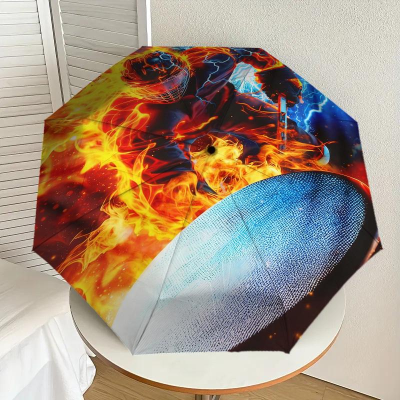 1pc Fire Hockey Pattern Umbrella Design Automatic Opening and Closing Umbrella, High-quality Travel Umbrella, c1128020