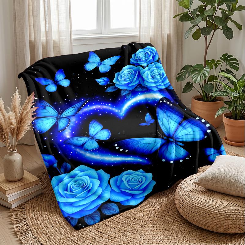 Blue Rose and Butterflies at Night blanket Personalized Name Flannel Blanket Soft Cozy Plush Throw for Sofa Bed Lightweight Home Decor