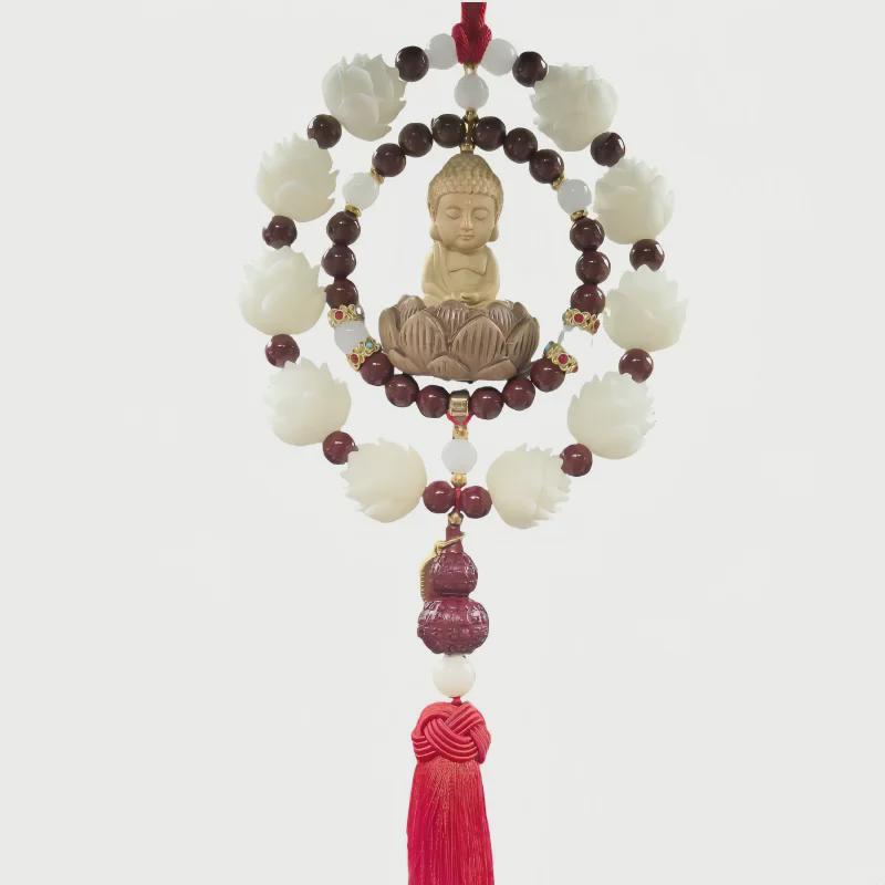 Pandantiv Oglindă Retrovizoare Bodhi Lotus: Amuletă din lemn de piersic și lemn de bux pentru noroc