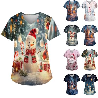 Women's Fashion Christmas Printed Short Sleeve V-Neck Top Small Pocket Work T-Shirt