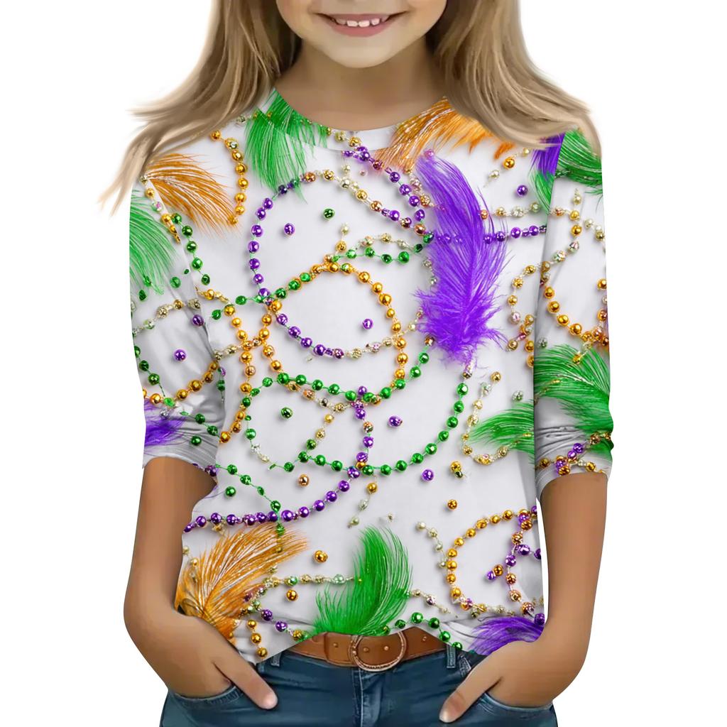 Print Tops For Youth Girls Round Neck 3/4 Sleeves T-Shirts Trendy Tops Outfit Tees