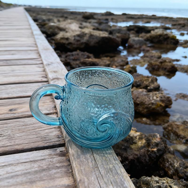 Cute Sea Stlyle 3D Wave Grain Glass Mug Coffee Milk Juice Glass Cup Heat-resistant BorosSunset Mug desktop decoration Glass Cup