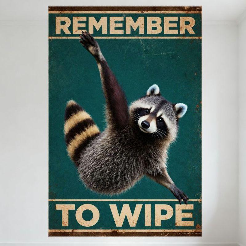 

DORA Tin Sign Vintage Raccoon Remember To Wipe Metal Tin Sign Teal Background Rusty Border for Home Cafe Bar Wall Decor 20x30cm（7.8x11.8inch）