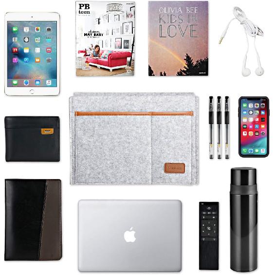 Bedside Caddy, Felt Bed Storage Organizer Hanging Bag Holder with 5 Pockets, Magazine Book Phone Tablet iPad Cables Remote and Water Bottle Holder