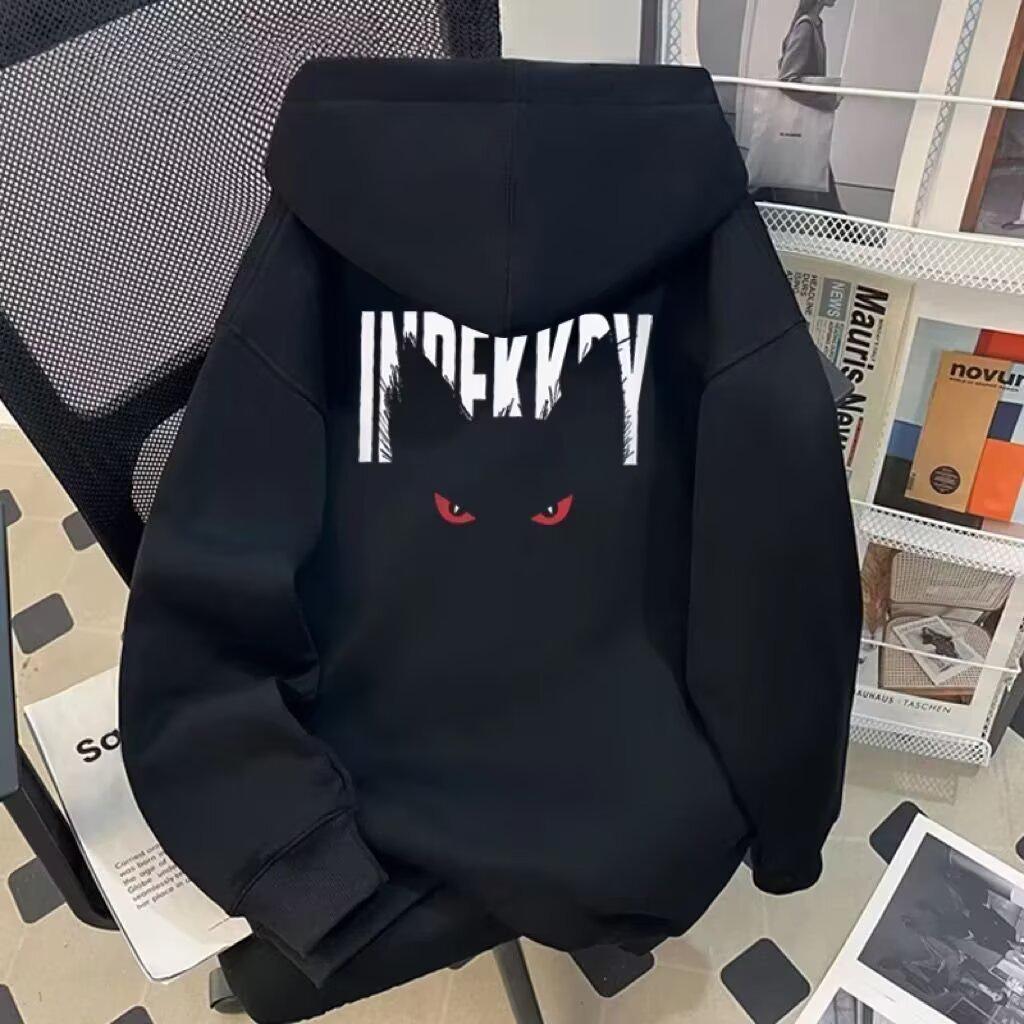 Plush-Lined Hooded Sweatshirt: Trendy Print Loose-Fit Men's Jacket for Autumn/Winter