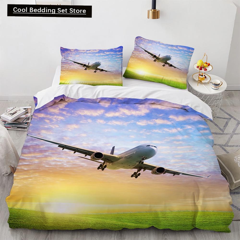 3D Airplane King Queen Duvet Cover Pink Airliner Bedding Set for Adults Sky Sea Natural Landscape 2/3pcs Polyester Quilt Cover